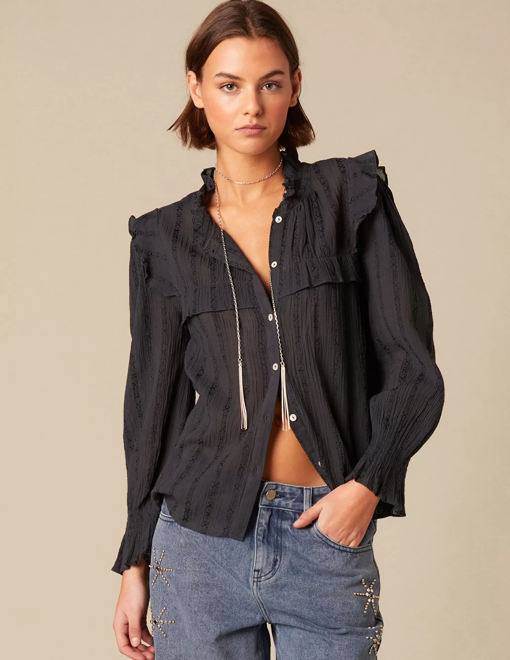 Nicoli ANTHRACITE RUFFLED SHIRT< Shirts & Blouses