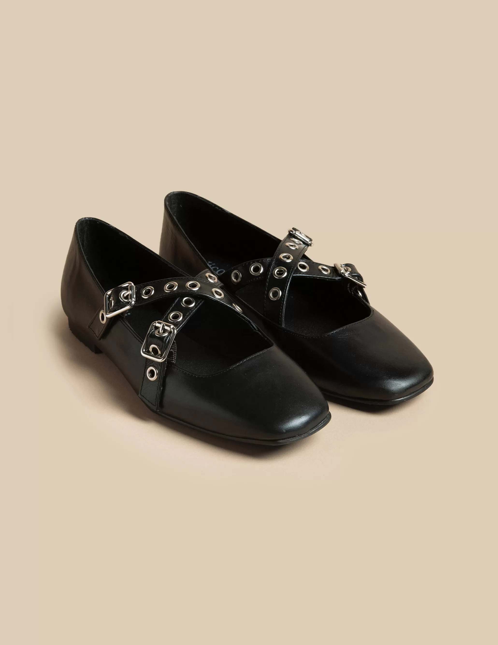 Nicoli BLACK DOUBLE BUCKLE BALLERINA< Shoes