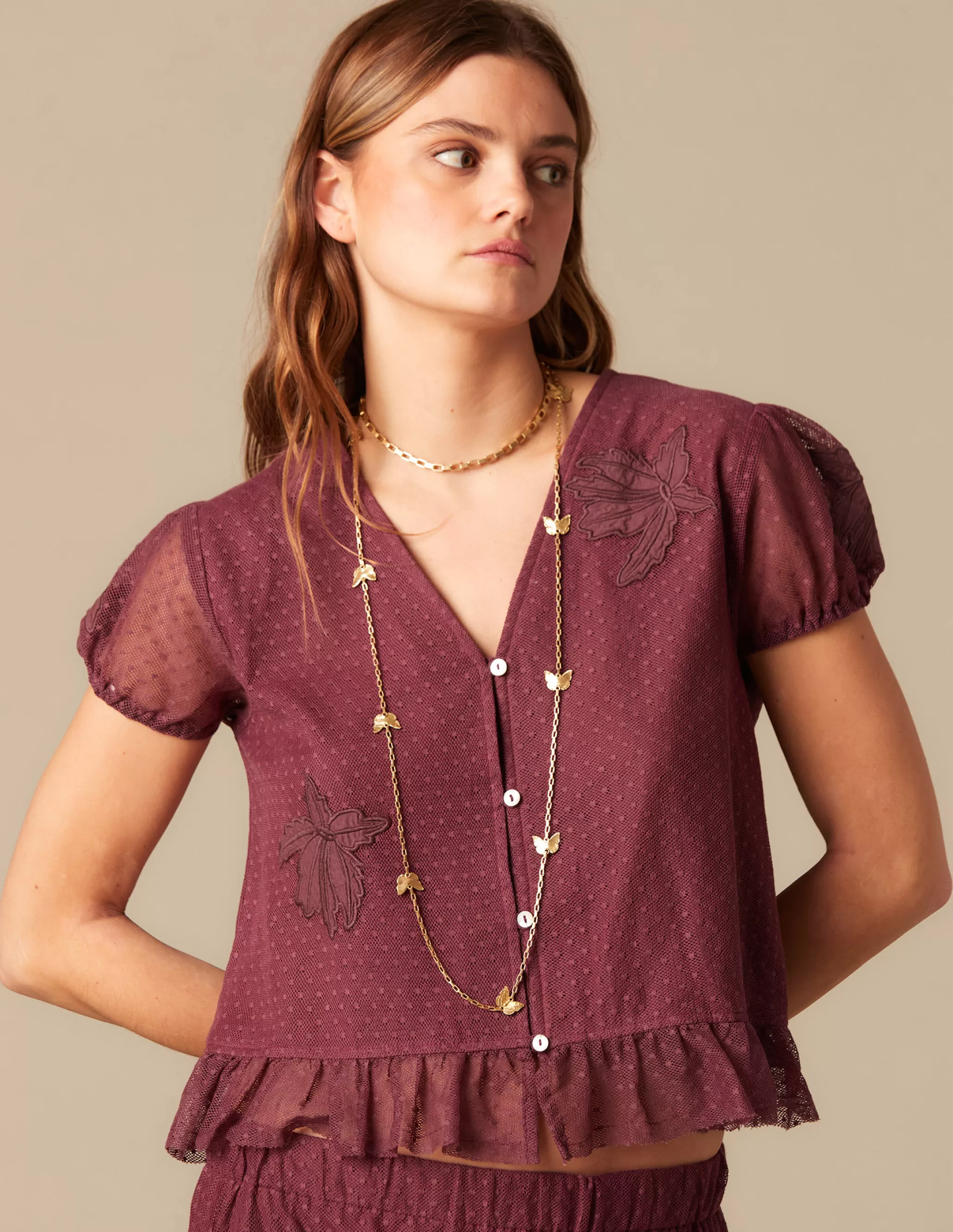 Nicoli BROWN LACE SHIRT< Shirts & Blouses