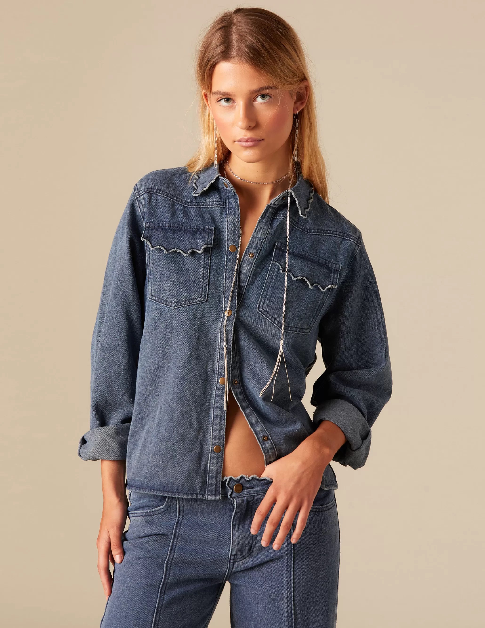 Nicoli DENIM RUFFLED COLLAR SHIRT< Denim | Shirts & Blouses