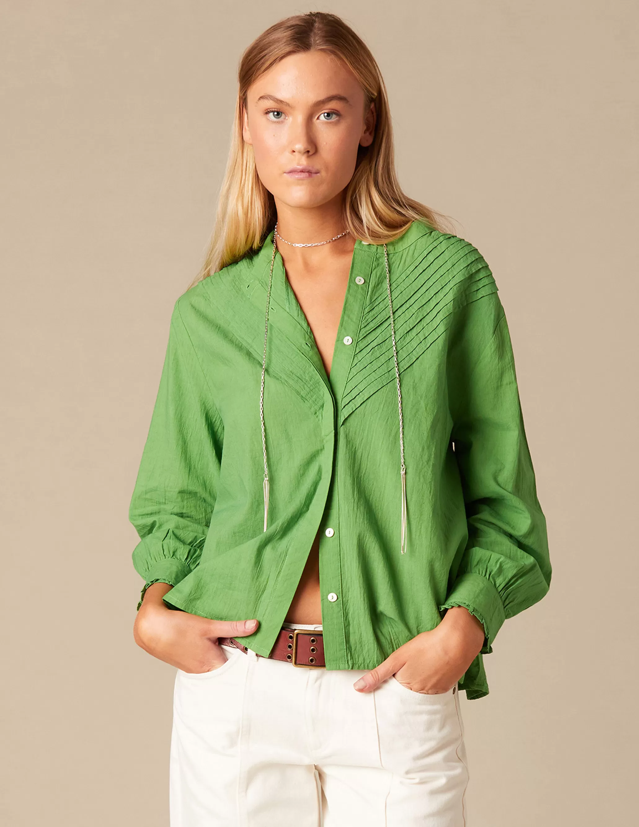 Nicoli GREEN PIN-TUCK SHIRT< Shirts & Blouses