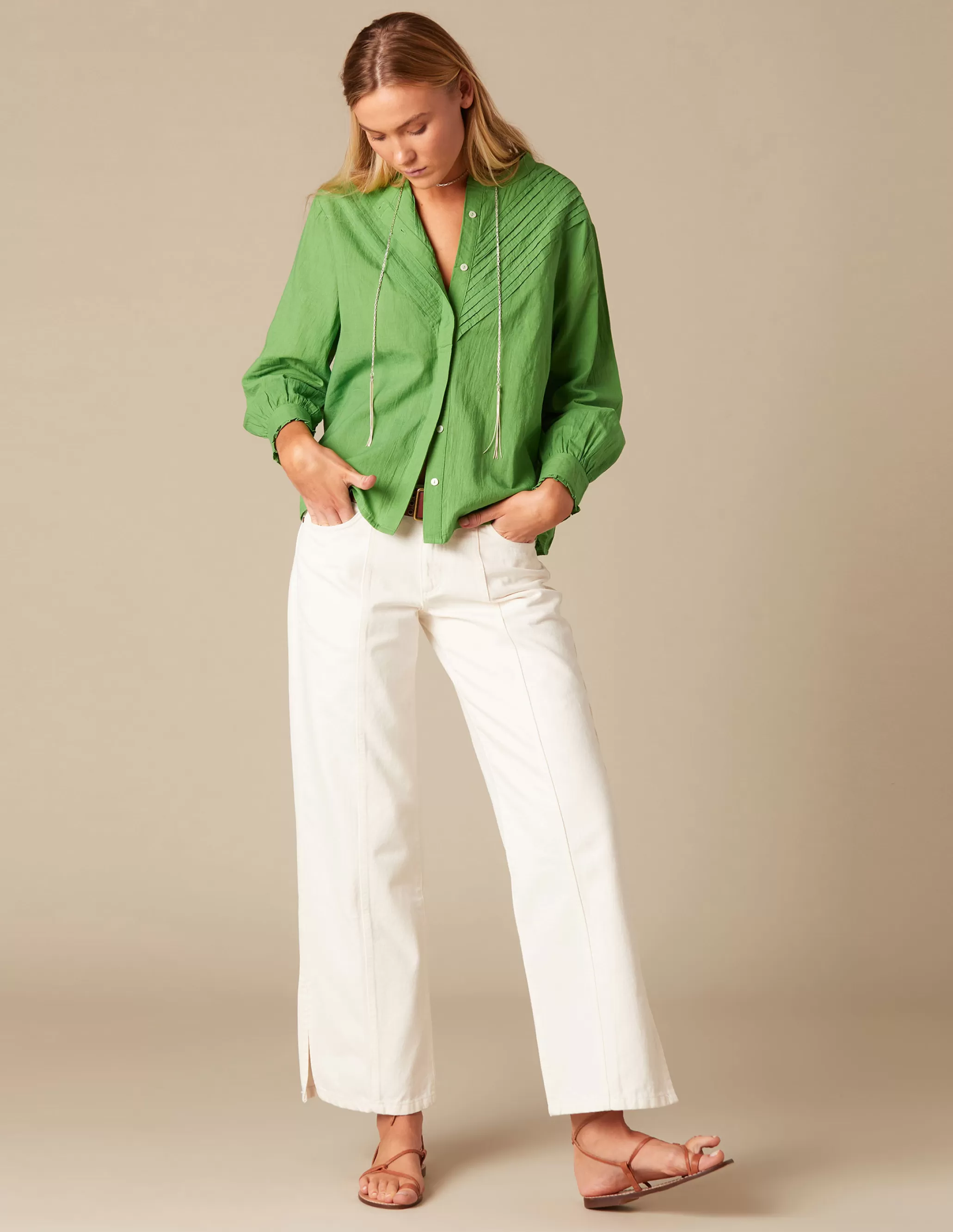 Nicoli GREEN PIN-TUCK SHIRT< Shirts & Blouses