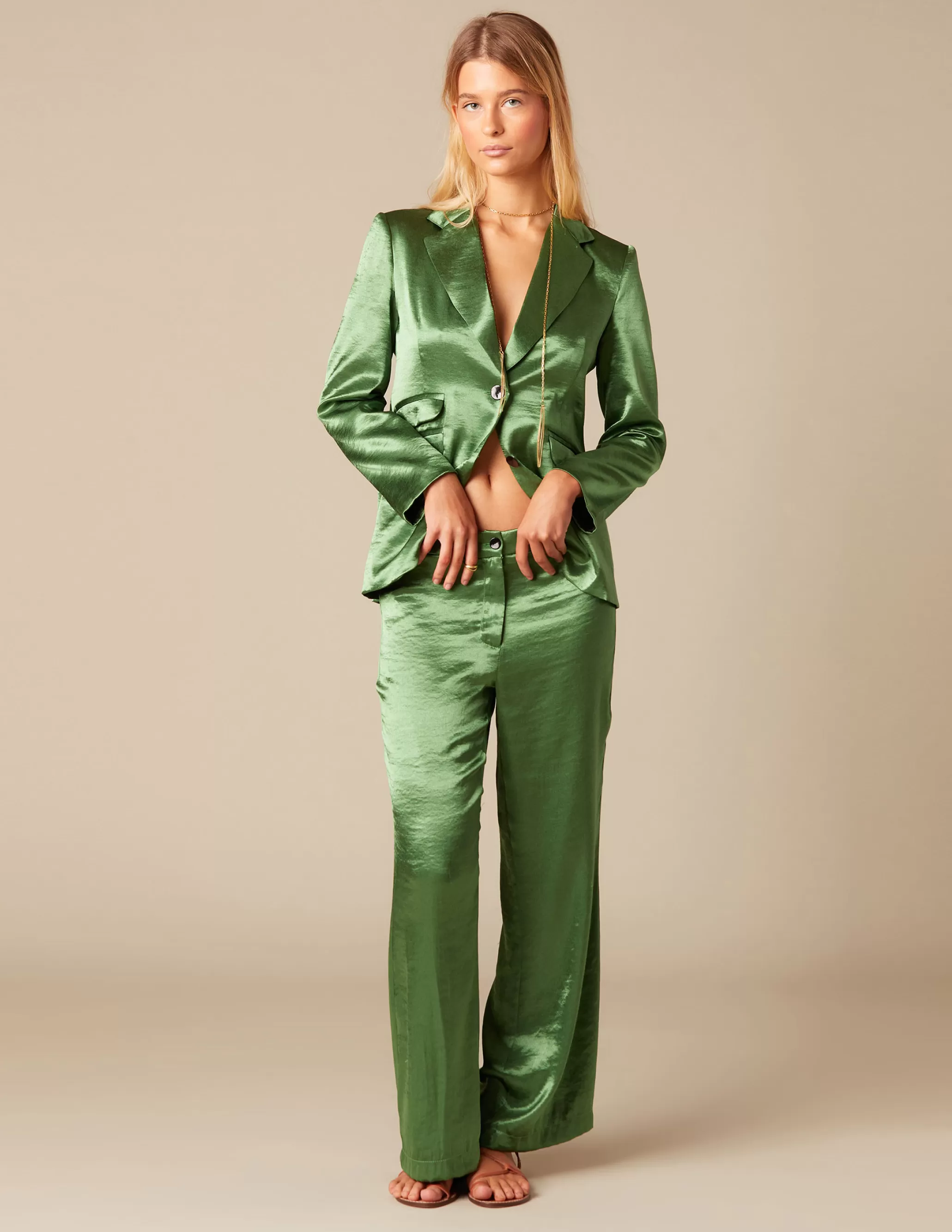 Nicoli GREEN SATIN TROUSERS< Trousers