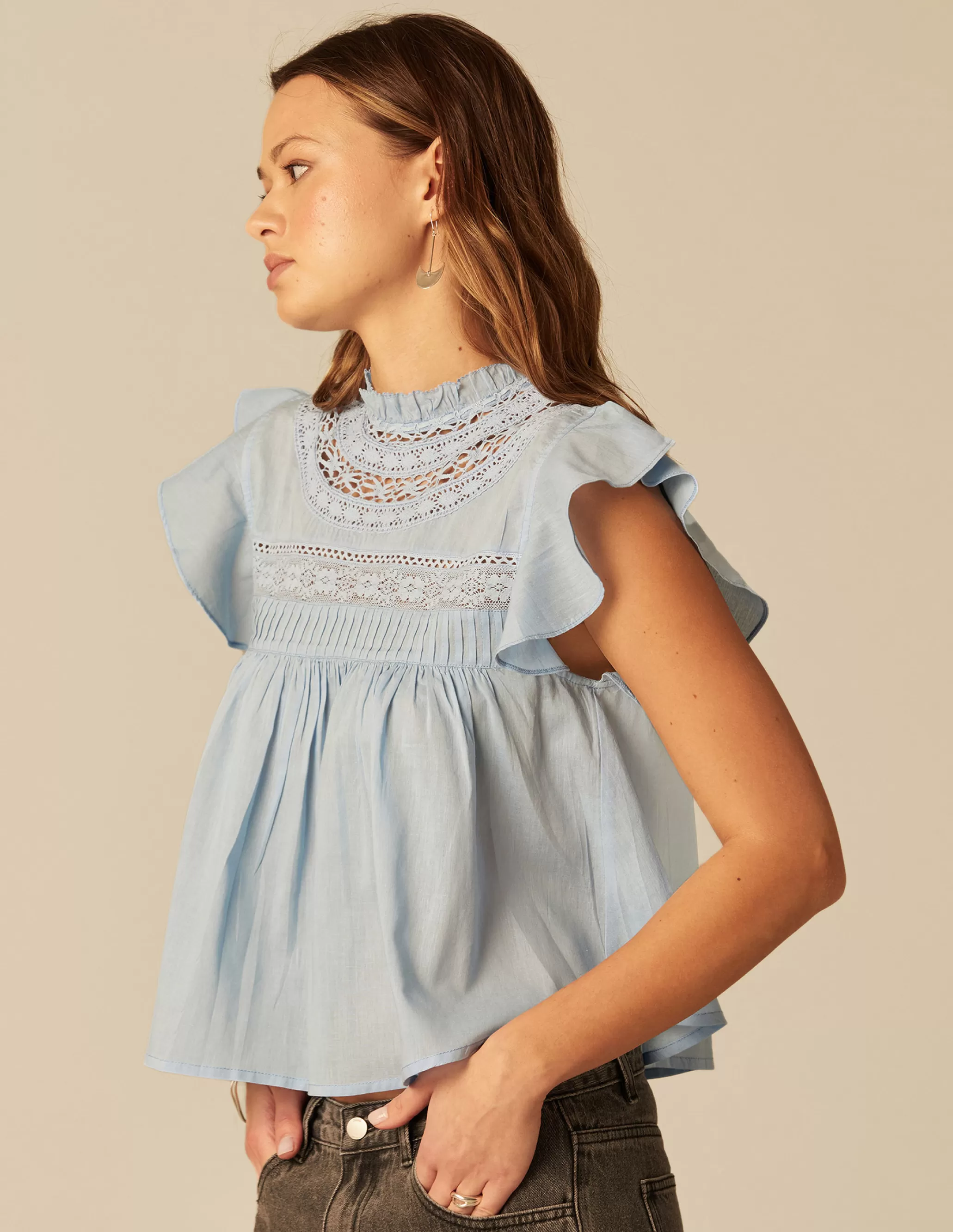 Nicoli LIGHT BLUE LACE SHIRT< Shirts & Blouses