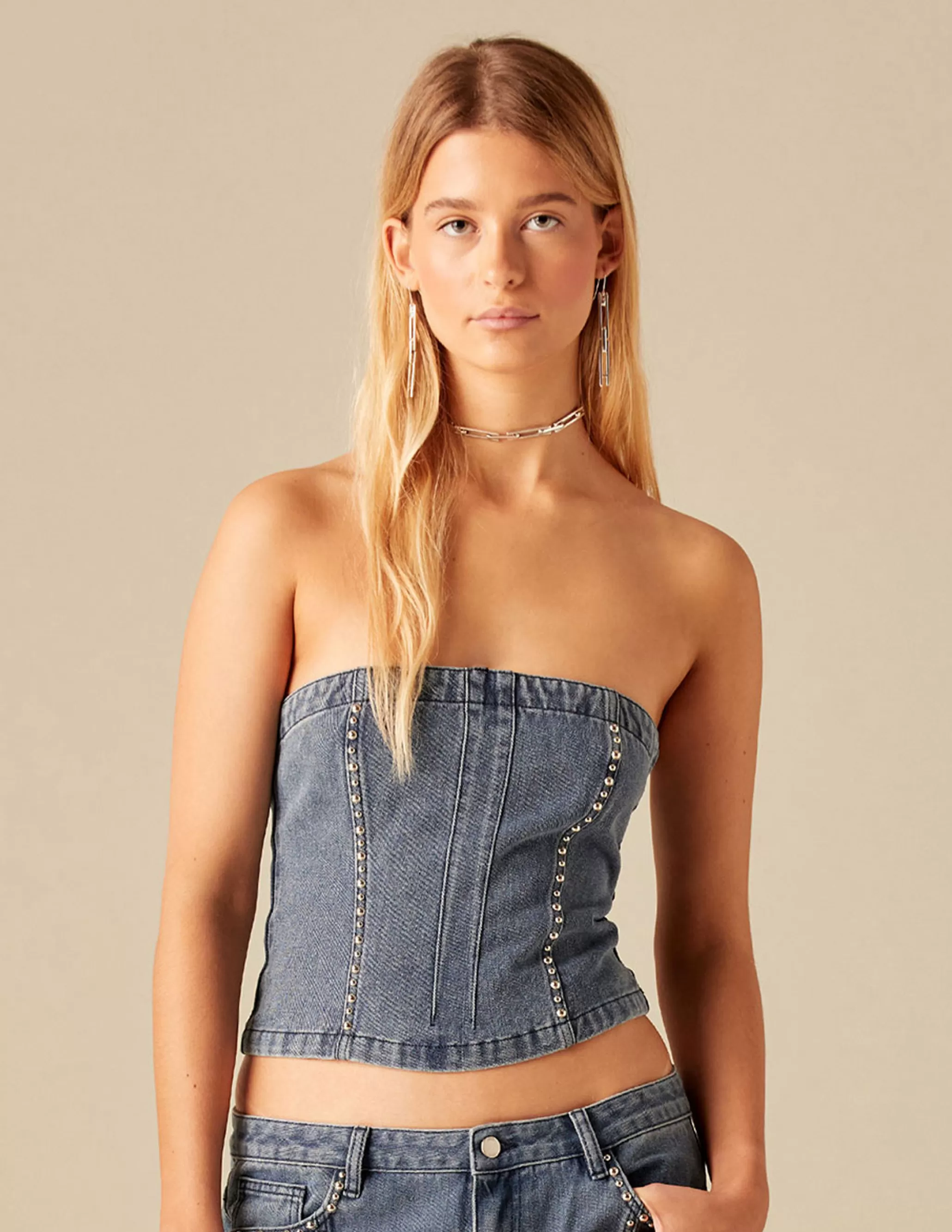 Nicoli MID BLUE STUDDED TOP< Tops | Denim