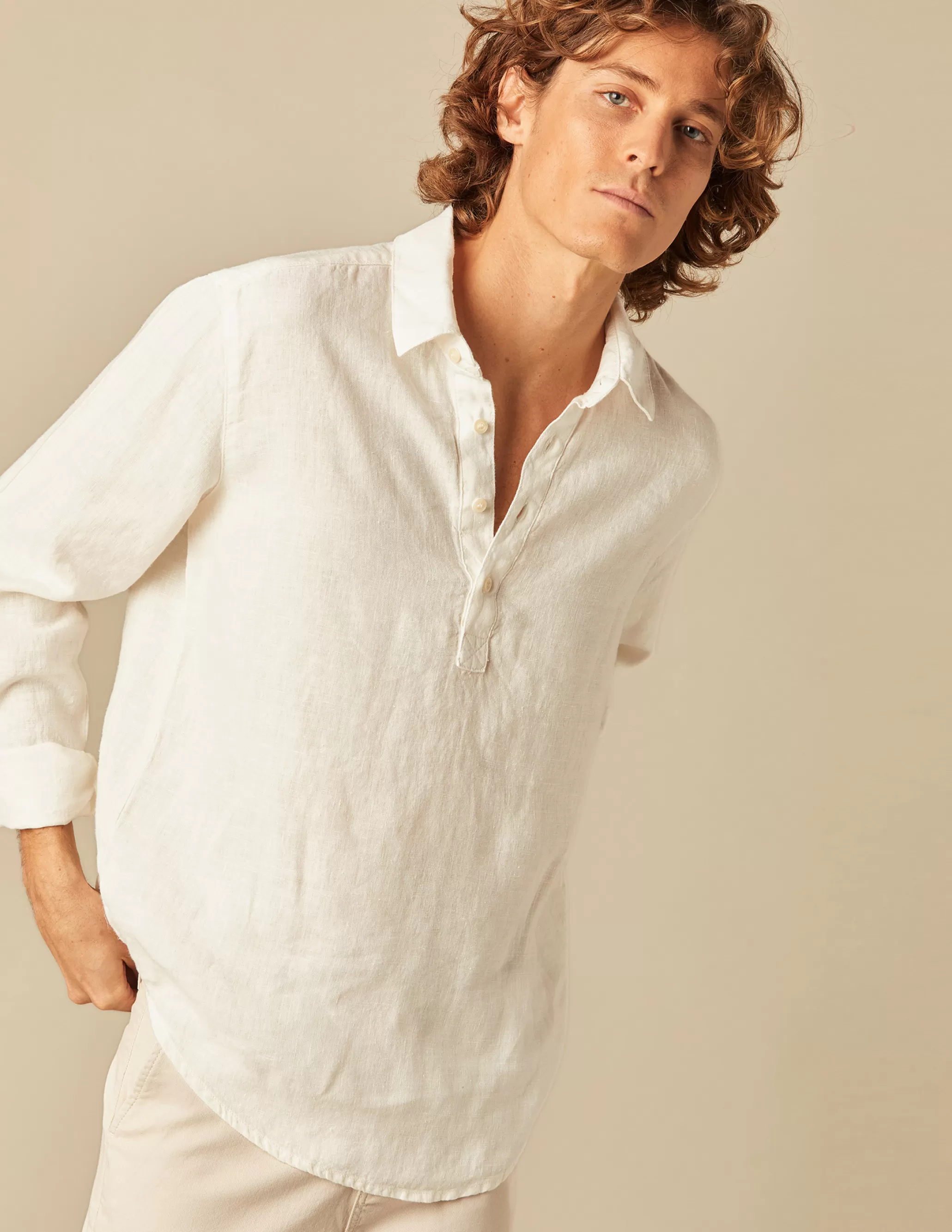 Nicoli WHITE LINEN POLO NECK SHIRT< Shirts