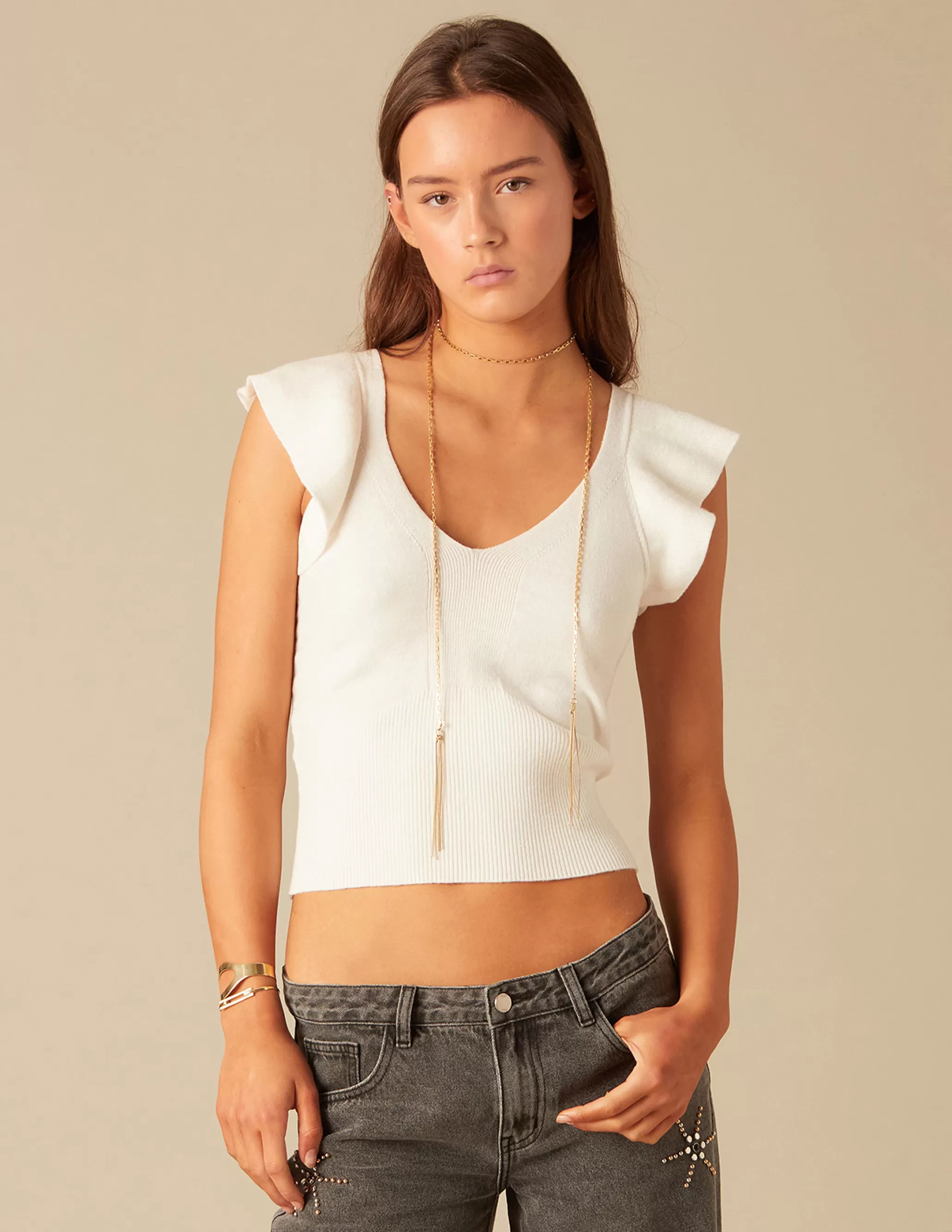 Nicoli WHITE RUFFLED SLEEVES TOP< Tops