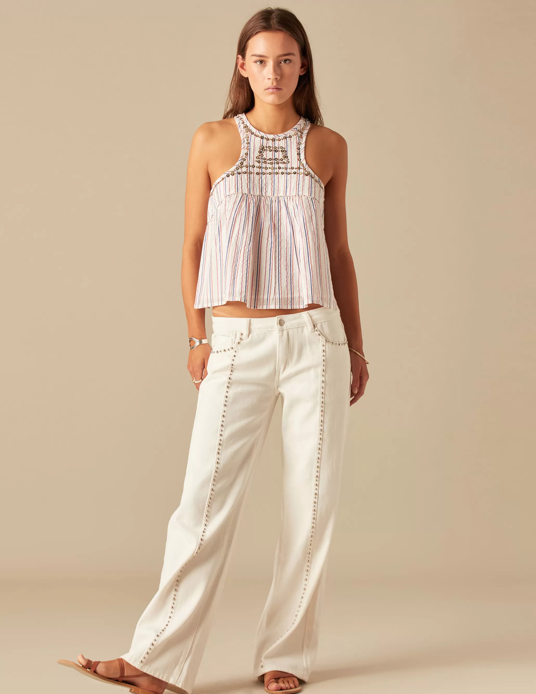 Nicoli WHITE STUDDED TROUSERS< Denim | Trousers